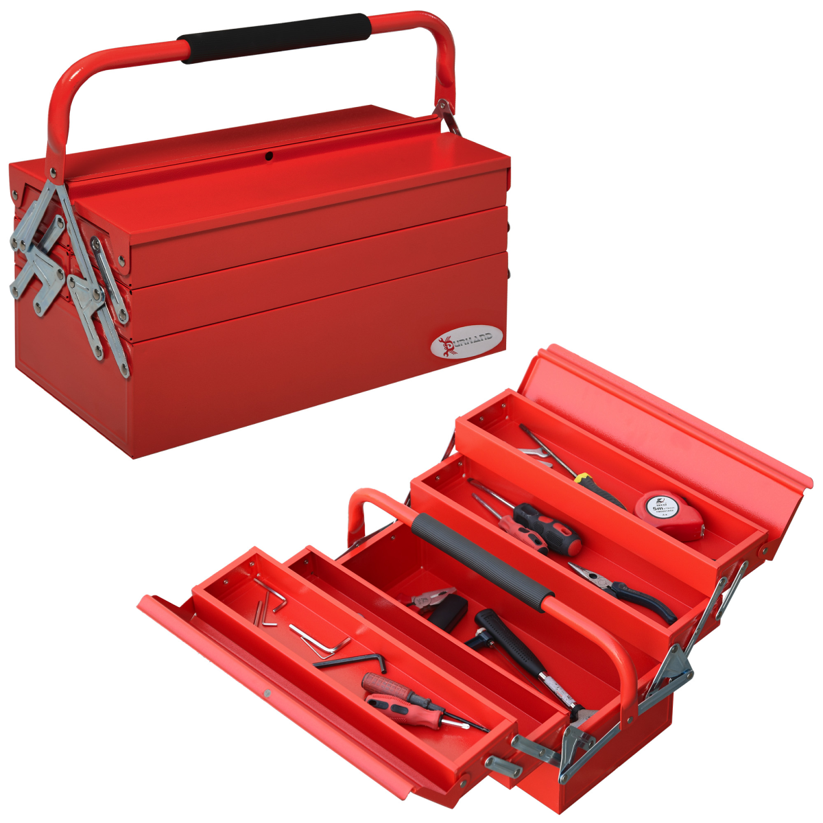 DURHAND 3-Tier Metal Tool Box with 5 Collapsible Trays – Professional Steel Toolbox for DIY, Red
