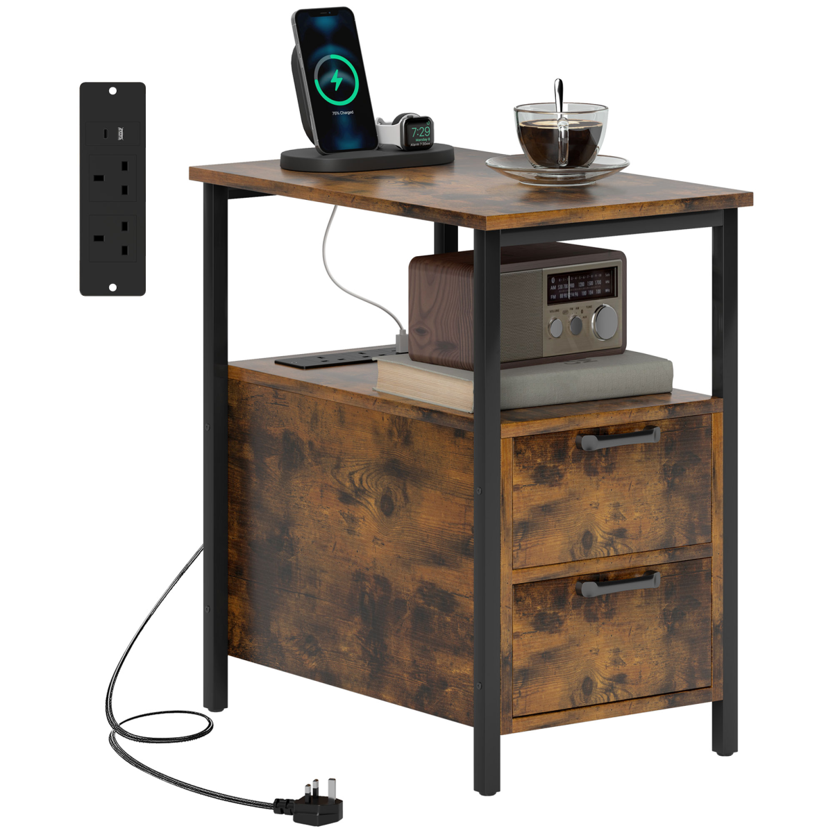 HOMCOM Bedside Table with Charging Station, 2 Drawers and Open Shelf – Nightstand or Side Table, Rustic Brown