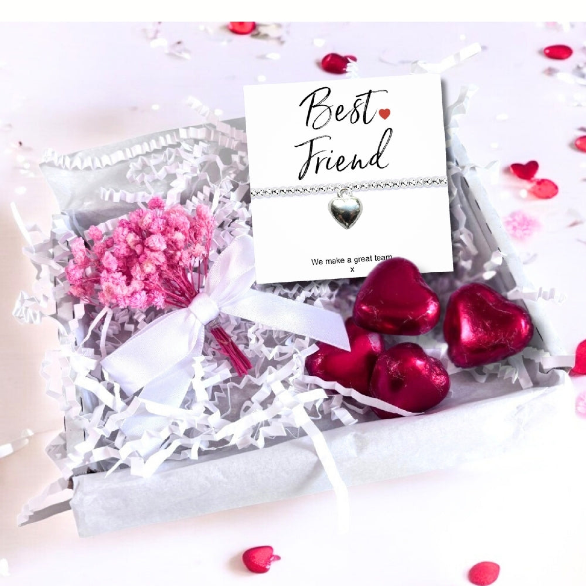 Aye Do Gifts Best Friend Mini Gift Hamper with Silver Heart Charm Bracelet, Chocolates & Dried Flowers