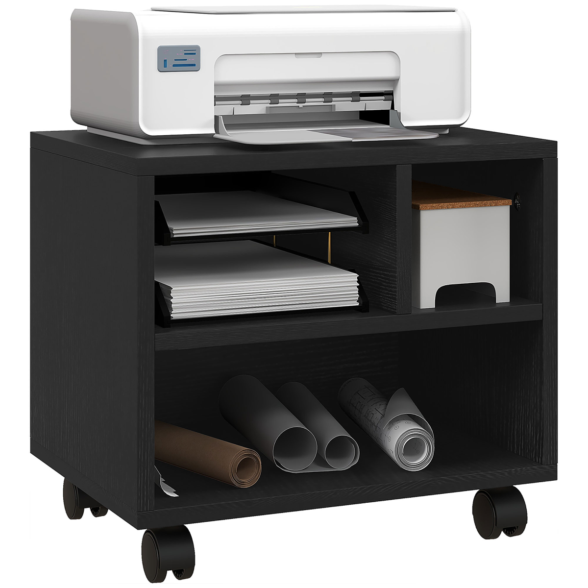 HOMCOM Printer Stand with 3 Compartments and Lockable Wheels – Home Office Storage Cart, 40kg Capacity, Black