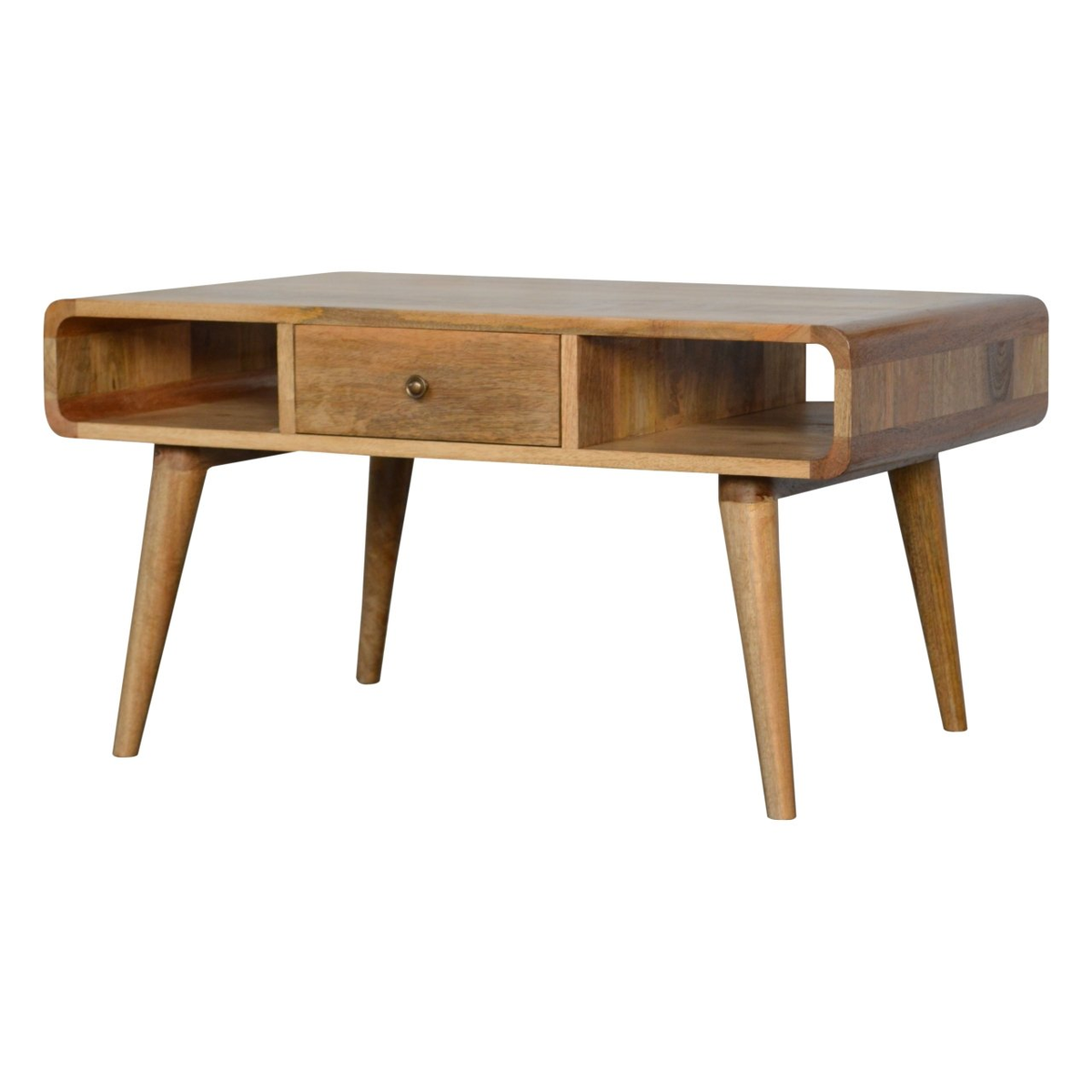 Artisan Furniture Solid Wood Curved Coffee Table with 2 Drawers & 2 Open Slots, Oak-ish Finish – Beige