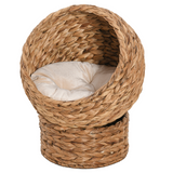 PawHut Elevated Hooded Rattan Cat House with Cushion, Water Hyacinth – Cat Basket Bed, Brown