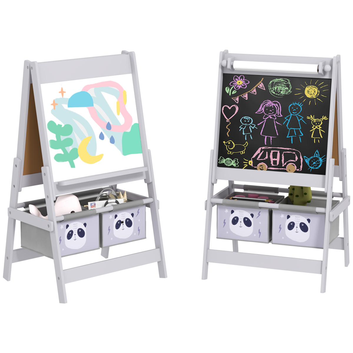 AIYAPLAY 3-in-1 Kids Easel with Paper Roll, Blackboard, Whiteboard and Storage Baskets – Grey