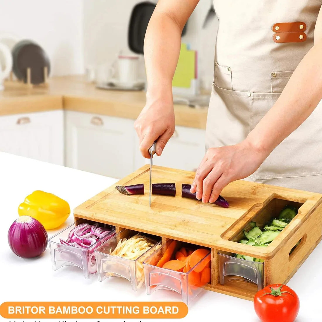 Large Bamboo Chopping Board with 4 Storage Containers & Anti-Slip Pads – Elevated Cutting Board with Juice Grooves