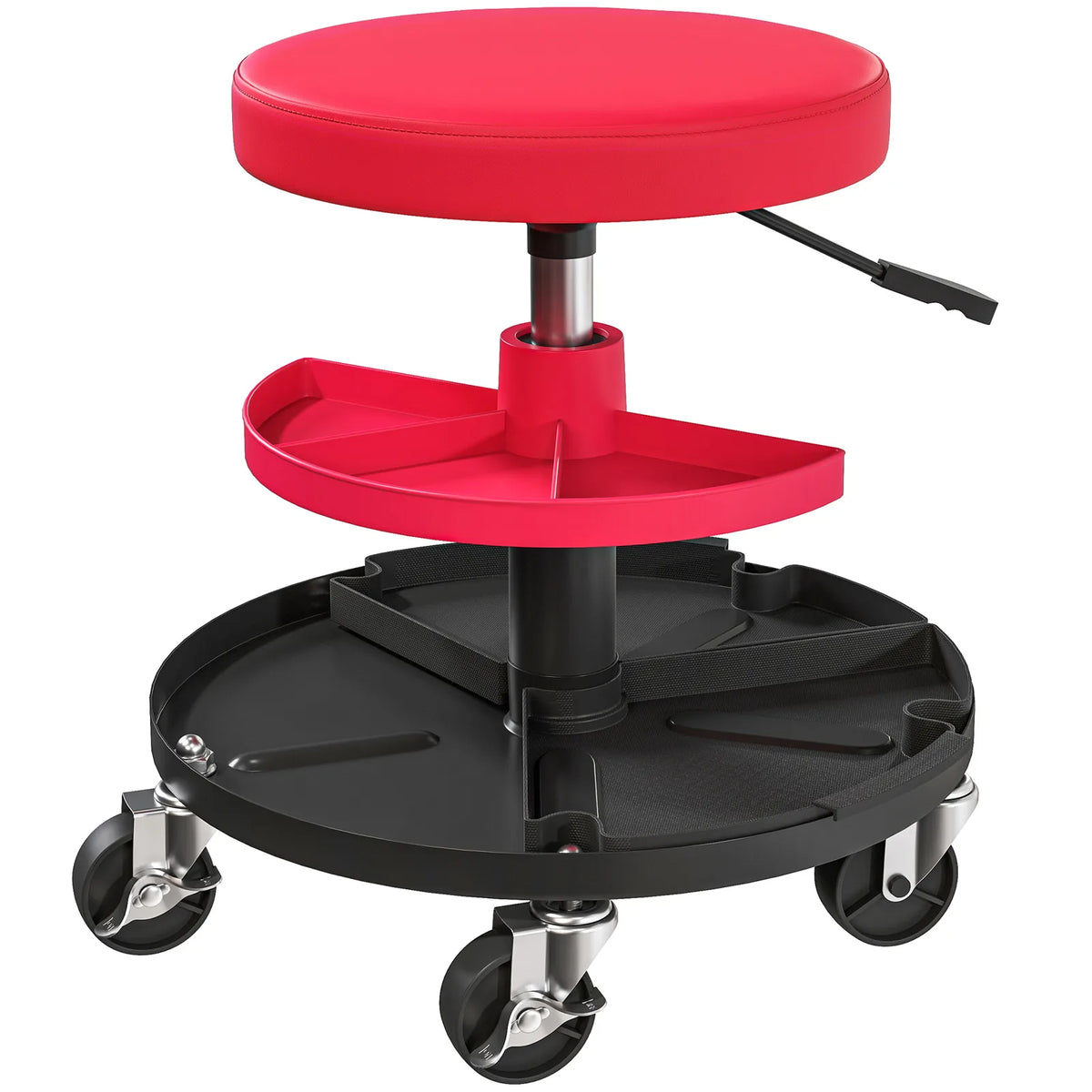 HOMCOM Rolling Mechanic Stool with 360° Swivel Wheels, Padded Seat and Tool Trays, 135kg – Garage Workshop Seat, Red