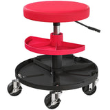 HOMCOM Rolling Mechanic Stool with 360° Swivel Wheels, Padded Seat and Tool Trays, 135kg – Garage Workshop Seat, Red