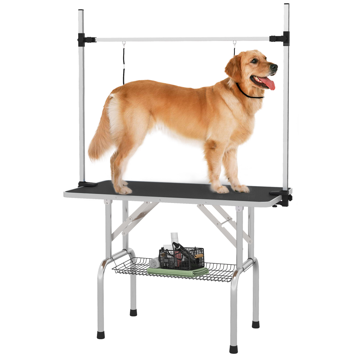 Pawhut Adjustable Dog Grooming Table with Two Safety Slings and Mesh Basket – Foldable Metal Frame, Black