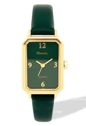 Ravel Ladies Rectangular Gold-Tone Watch with Green Faux Leather Strap
