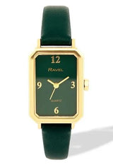 Ravel Ladies Rectangular Gold-Tone Watch with Green Faux Leather Strap