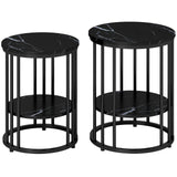 HOMCOM Set of 2 Round Marble-Effect Coffee Tables with Black Steel Legs and Bottom Shelf – Two-Tier