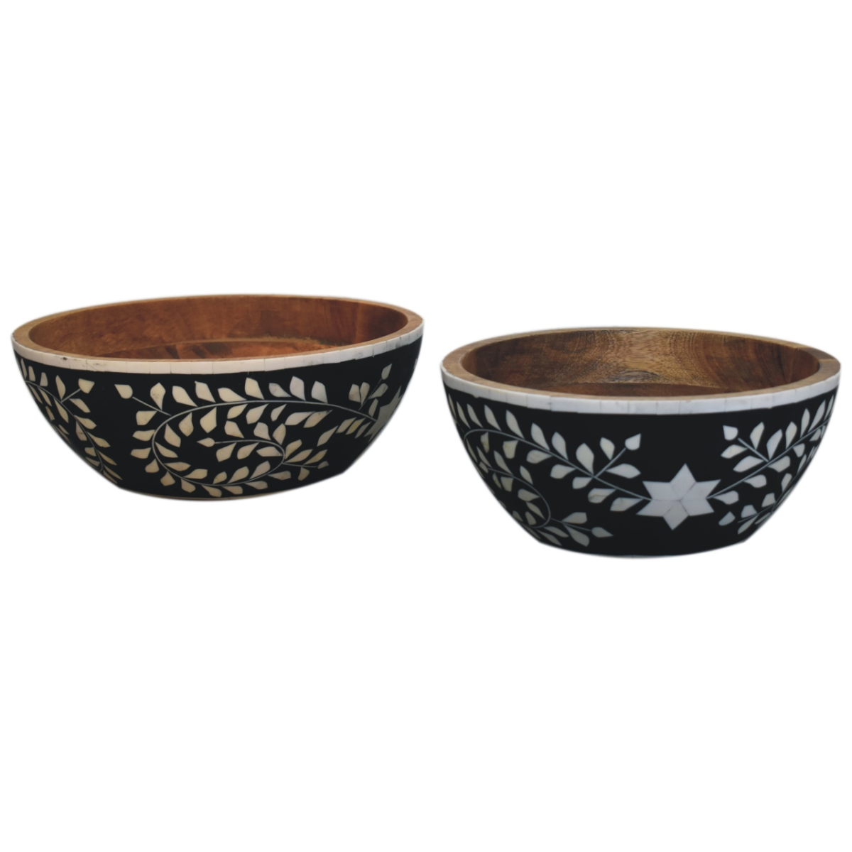 Artisan Furniture Floral Resin Inlay Bowl Set in Solid Mango Wood – Handcrafted Decorative Bowls, Black