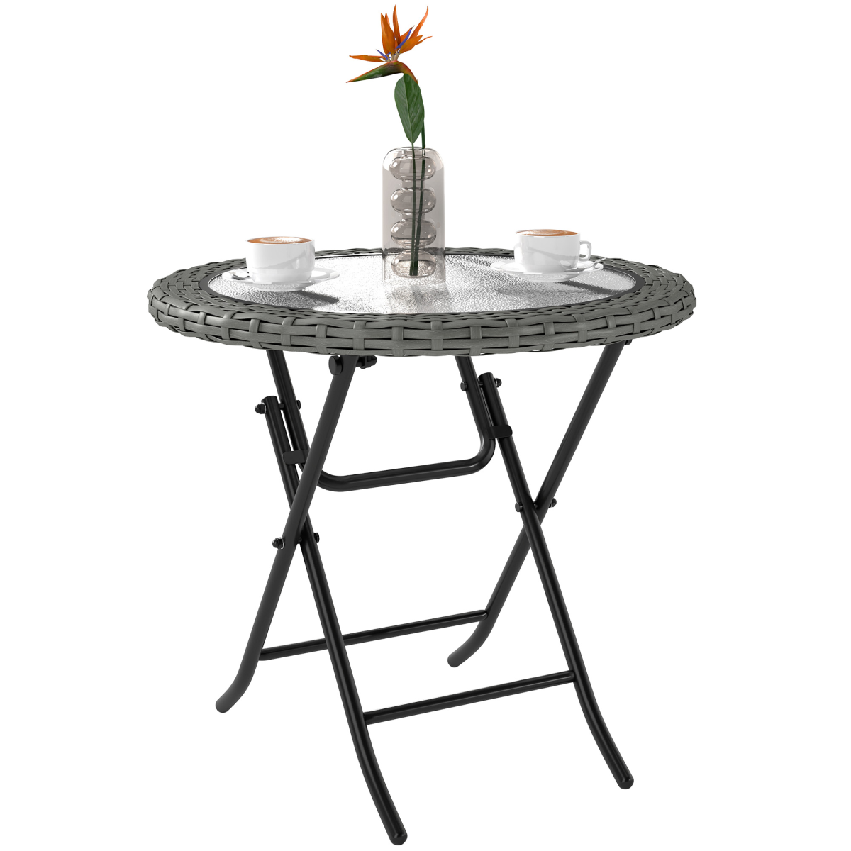 Outsunny Folding Round Garden Table with Tempered Glass Top and PE Rattan Edging – Patio Table, Grey