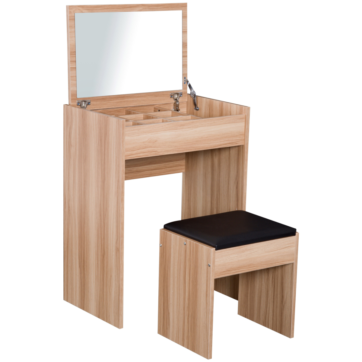 HOMCOM Dressing Table Set with Flip-Up Mirror and Padded Stool – Wood, Hidden Storage