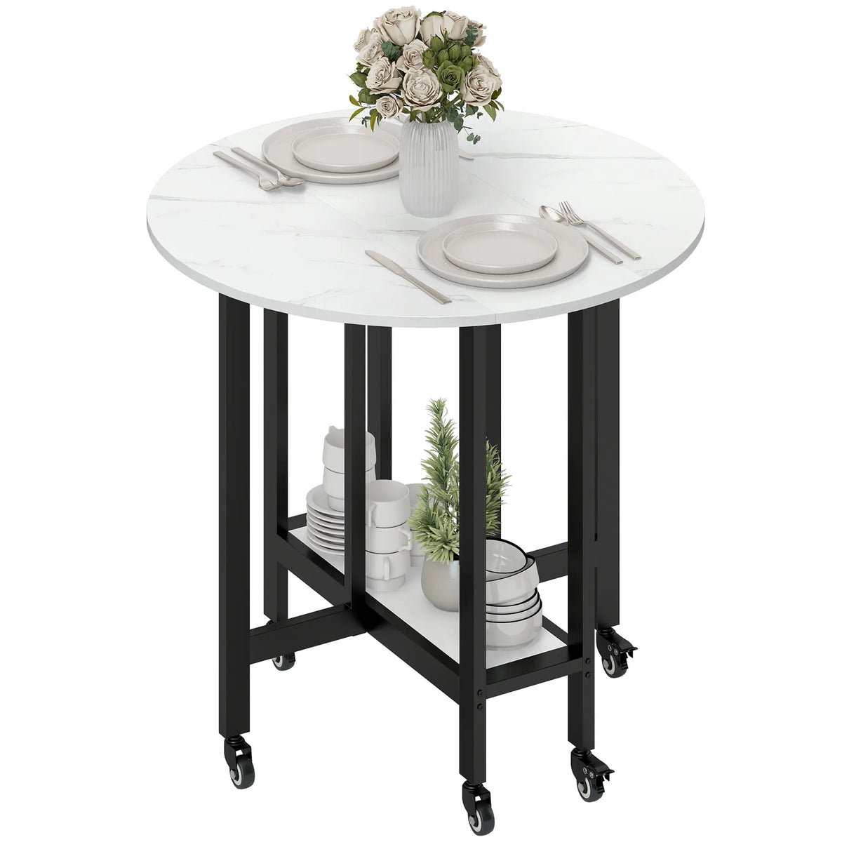 HOMCOM Folding Drop Leaf Dining Table with Open Shelf and Lockable Wheels – Space-Saving, White Marble