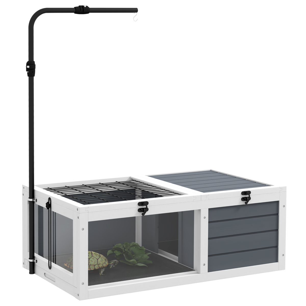 PawHut Wooden Tortoise House with Hide Box, Basking Area & Adjustable Lamp Holder – Tortoise Table, Grey