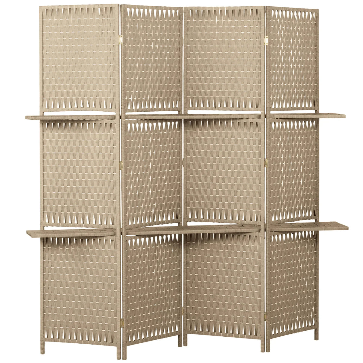 HOMCOM Wave Fibre Folding Privacy Screen with Two Shelves – Freestanding 4 Panel Room Divider, Natural Wood Finish