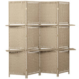HOMCOM Wave Fibre Folding Privacy Screen with Two Shelves – Freestanding 4 Panel Room Divider, Natural Wood Finish