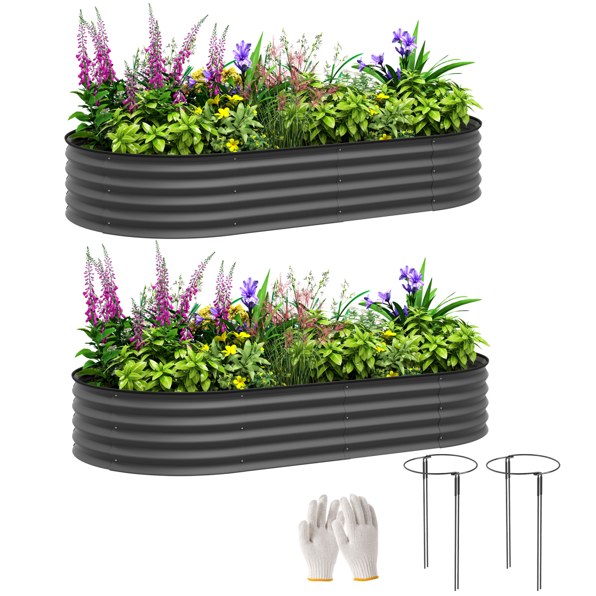Outsunny Set of 2 Galvanised Steel Raised Garden Beds with Open Bottoms – Outdoor Planters, Dark Grey