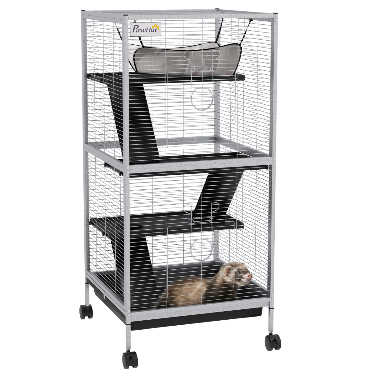 PawHut Rolling Small Animal Cage with Ramps & Platforms – Chinchilla and Ferret Cage with Hammock, Light Grey