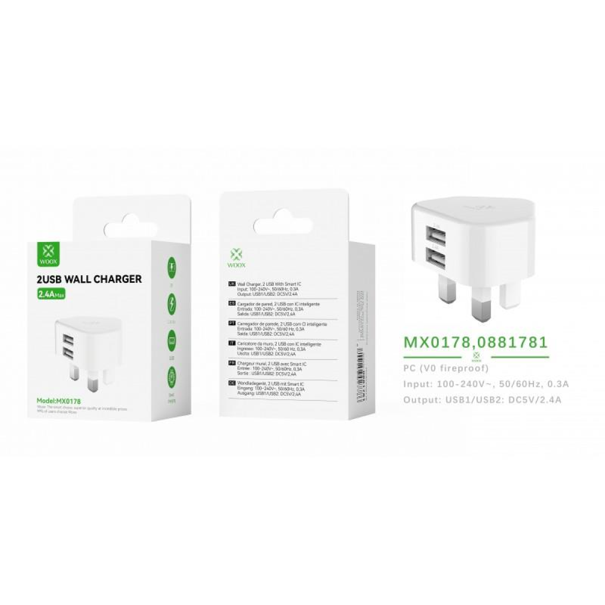 Woox MX0178 UK Dual USB Wall Charger, 2.4A Shared Output – Two-Port Plug, White