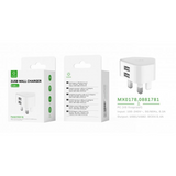 Woox MX0178 UK Dual USB Wall Charger, 2.4A Shared Output – Two-Port Plug, White