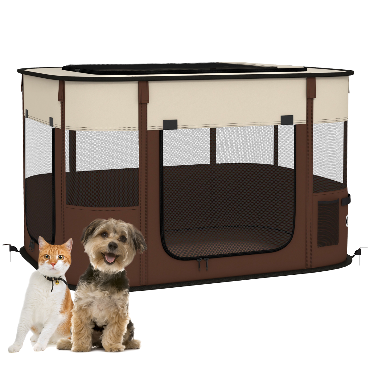PawHut Portable Foldable Pet Playpen with Mesh Windows & Storage Bag – Dog, Rabbit & Kitten Run, Brown, 84cm