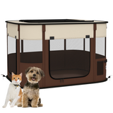 PawHut Portable Foldable Pet Playpen with Mesh Windows & Storage Bag – Dog, Rabbit & Kitten Run, Brown, 84cm