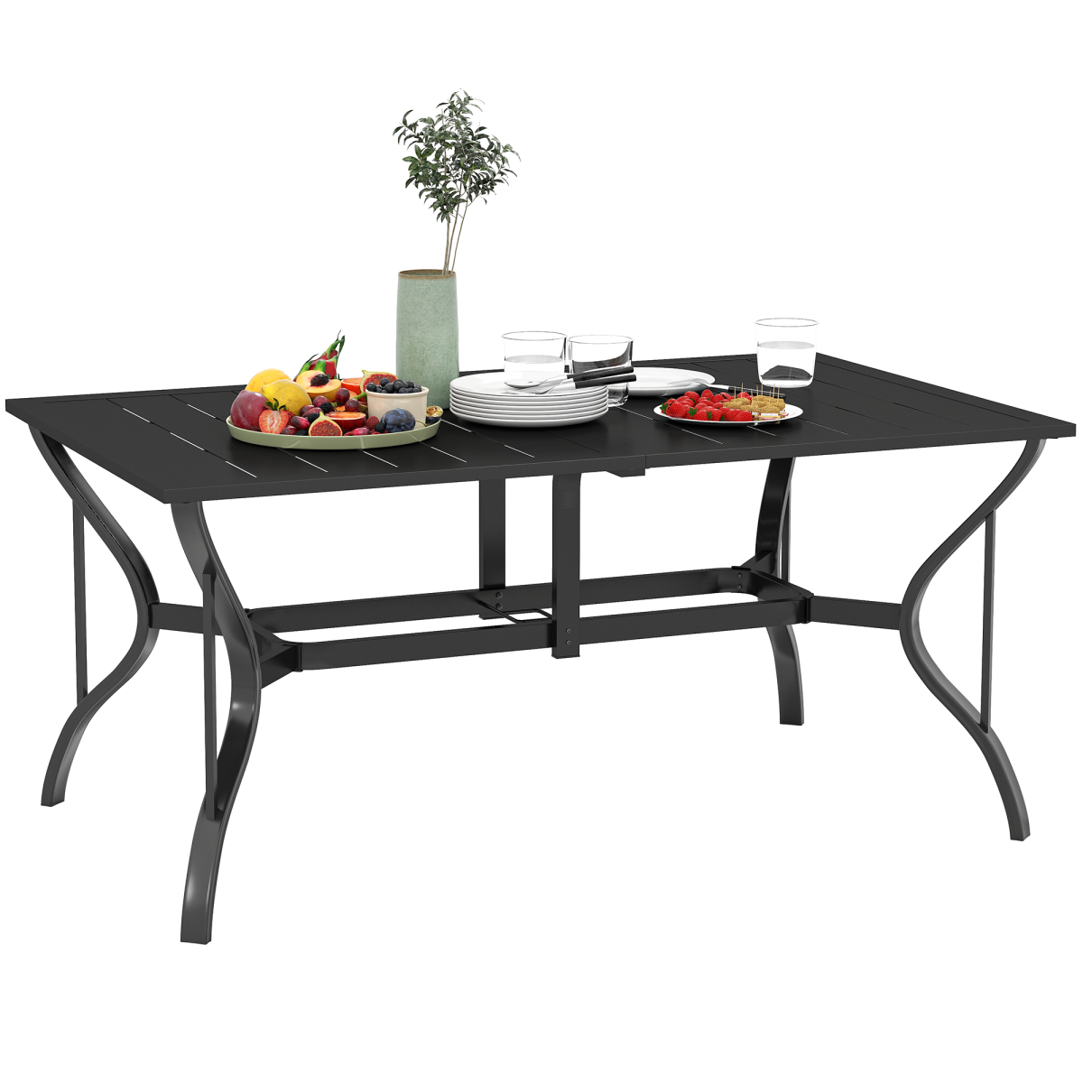 Outsunny Steel Garden Dining Table with Slatted Top & 42mm Parasol Hole – Seats 6, Black