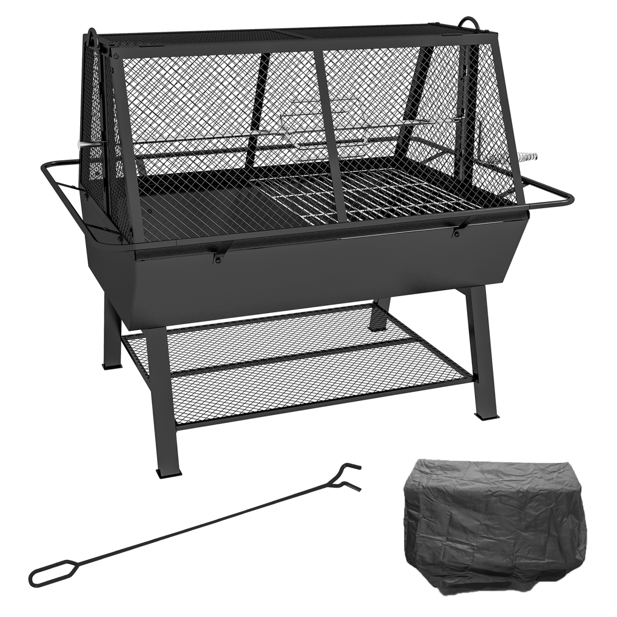 Outsunny 3-in-1 BBQ Rotisserie Grill and Fire Pit with Adjustable Rack and Mesh Lid – Outdoor Cooking, Black