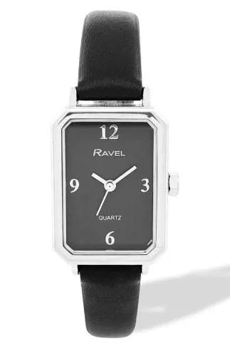 Ravel Ladies Rectangular Watch, Polished Silver Case, Black Faux Leather Strap, 16mm