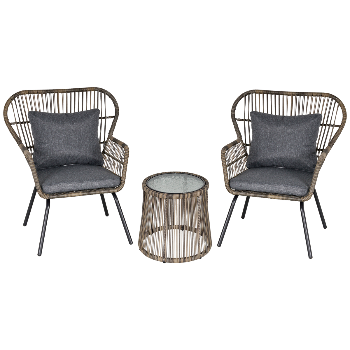 Outsunny 3-Piece Webbed PE Rattan Patio Bistro Set with Glass Table & Padded Cushions – 2 Chairs and Table, Grey