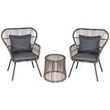 Outsunny 3-Piece Webbed PE Rattan Patio Bistro Set with Glass Table & Padded Cushions – 2 Chairs and Table, Grey