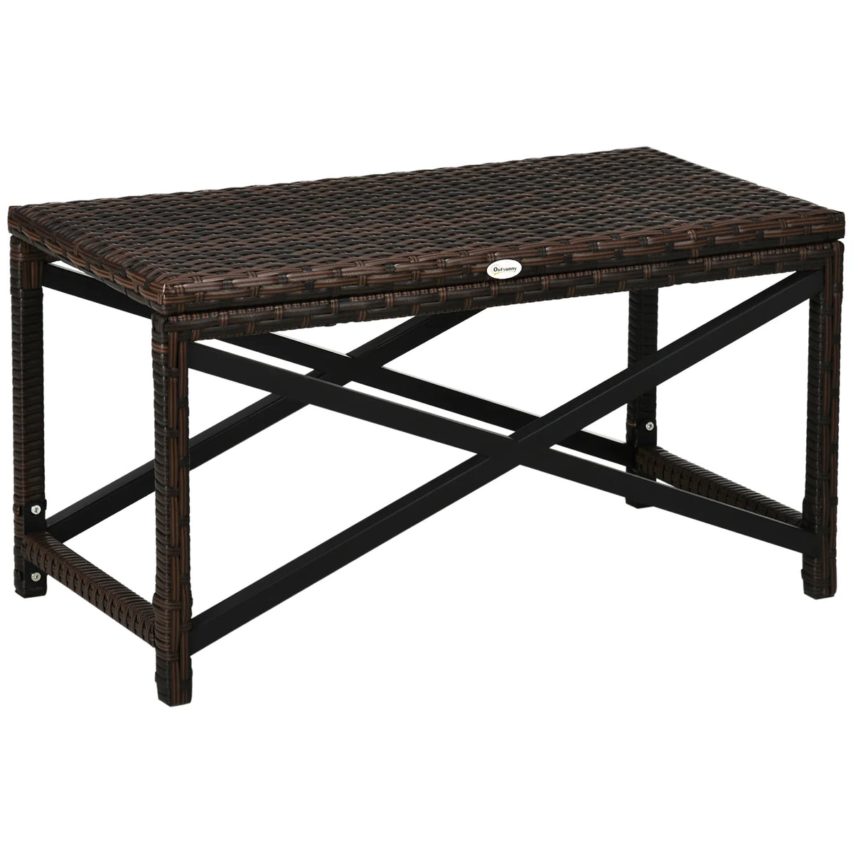 Outsunny Outdoor Rattan Coffee Side Table with X-Shape Steel Frame – Patio and Balcony Table, Mixed Brown