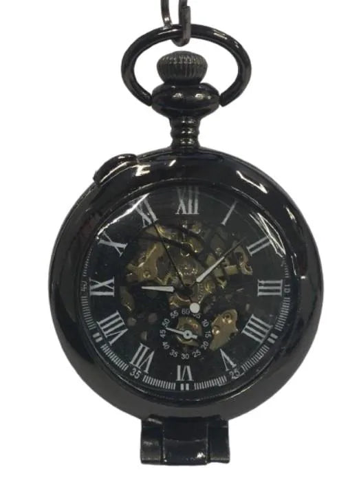 Boshiya Half Hunter Steampunk Pocket Watch, Mechanical Hand-Wind with Skeleton Dial and Chain, Gunmetal