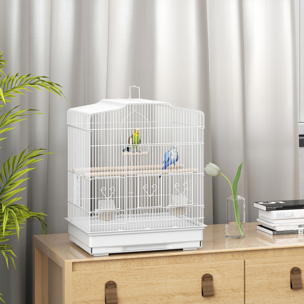 Bird Cage Starter Kit with Detachable Rolling Stand, Perches, Swing & Storage Basket – White