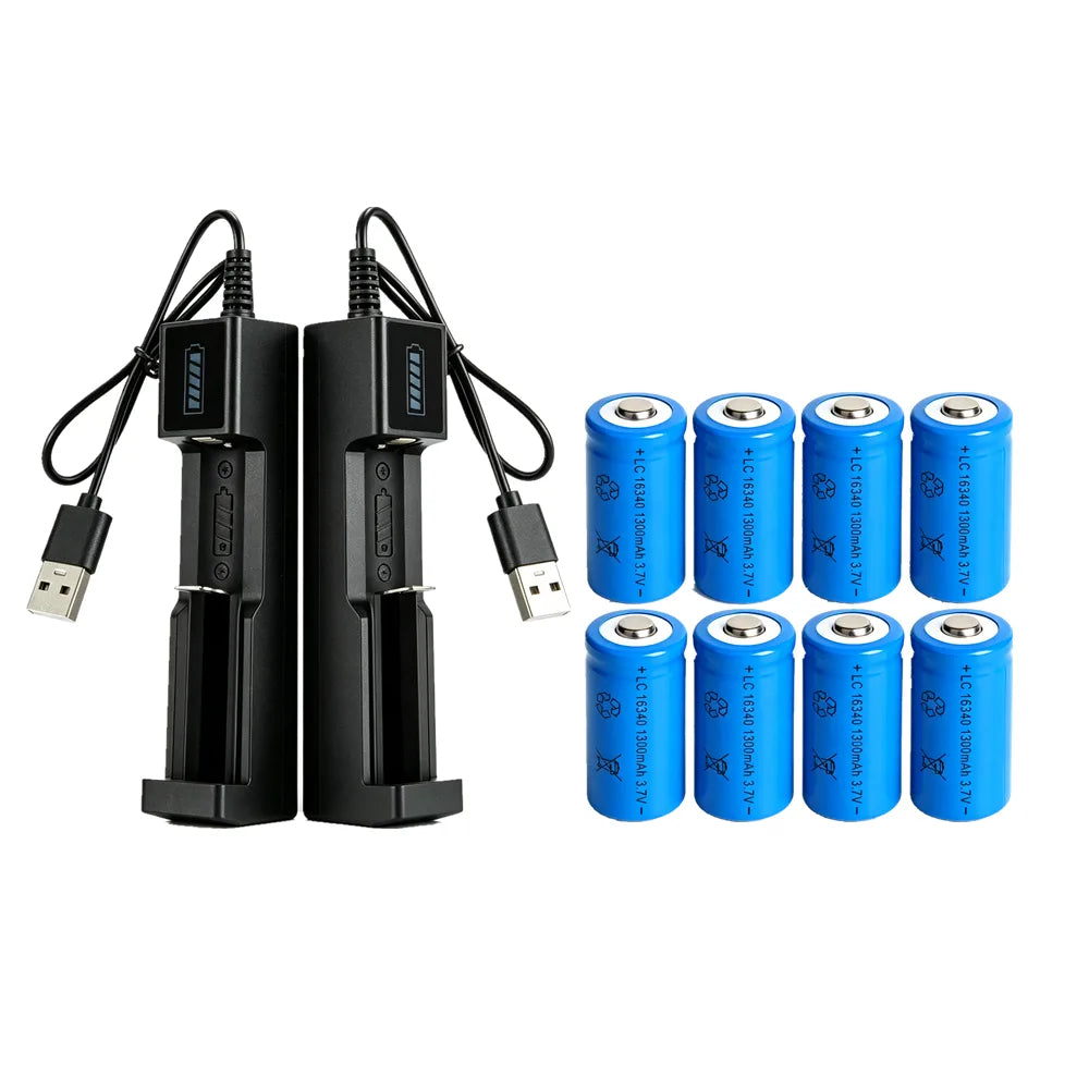 8 x 16340 CR123A 3.7V Rechargeable Li-ion Batteries with 2 x USB Chargers – For Torches, Toys and Remotes