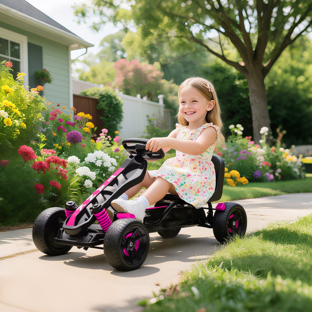Kids Pedal Go-Kart with Freewheel, Forward & Reverse Gears and Cup Holder – Ride-On for Ages 3-6, Pink