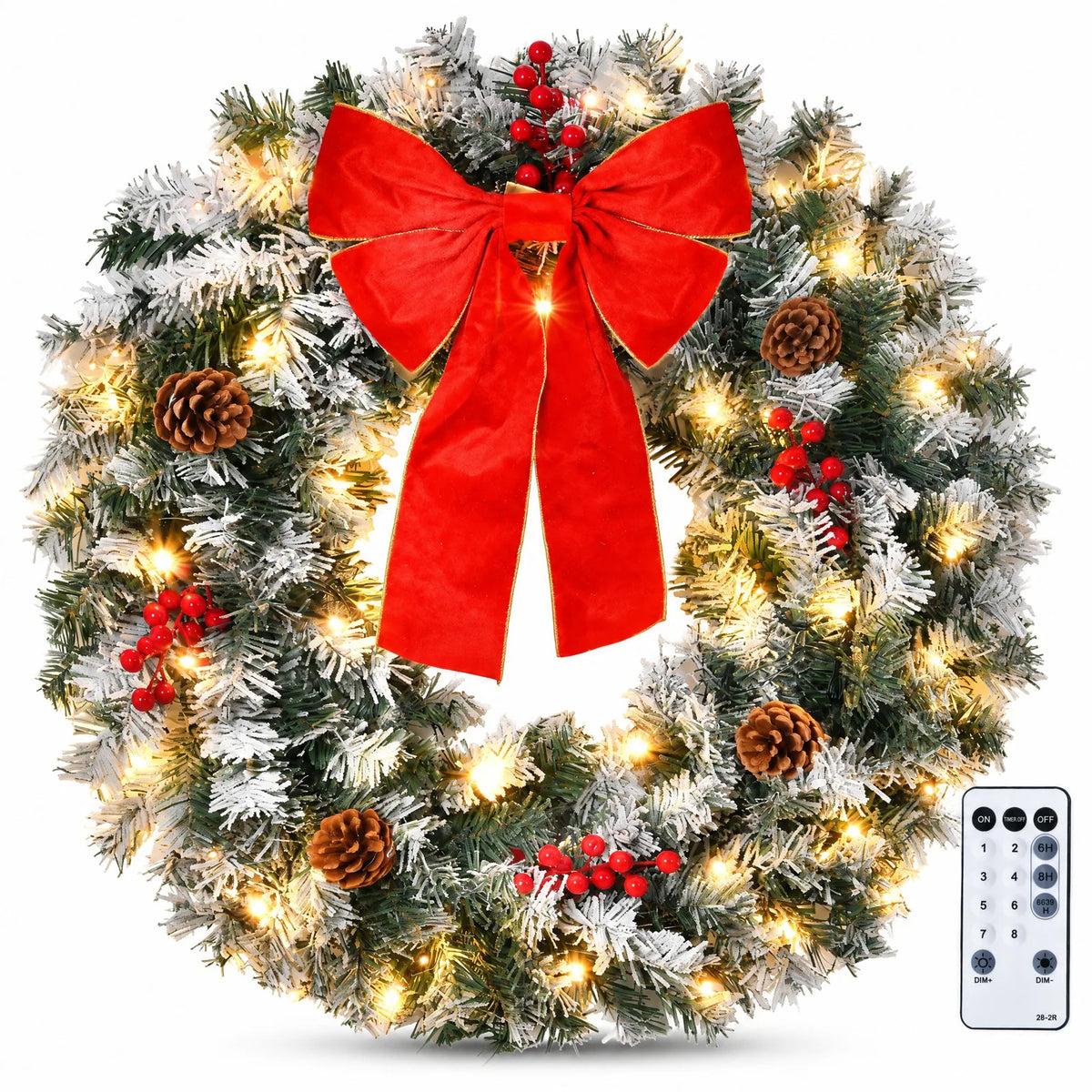 36in Pre-Lit Snow Flocked Christmas Wreath with 100 LED Lights – Lighted Artificial Door Decoration