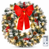 36in Pre-Lit Snow Flocked Christmas Wreath with 100 LED Lights – Lighted Artificial Door Decoration