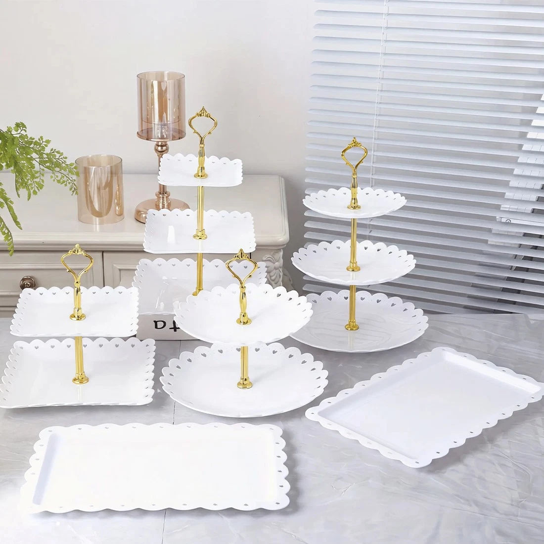 6-Piece Tiered Cake Stand Set for Afternoon Tea, Weddings & Parties – Embossed-Style Plastic Dessert Display, White