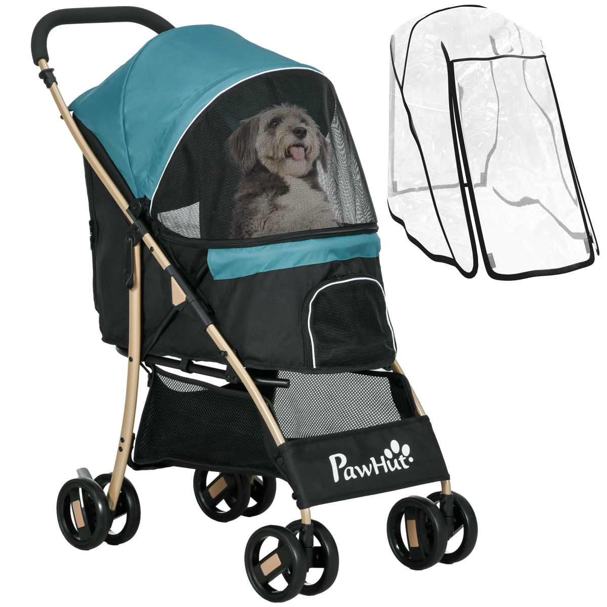 PawHut Foldable Pet Stroller for XS and S Dogs with Rain Cover, Mesh Windows & Storage Basket – Dark Green