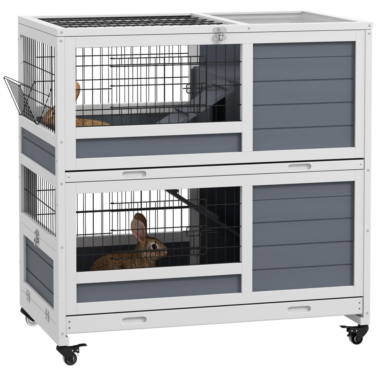 PawHut Two-Tier Indoor Rabbit Hutch with Feeding Trough, Slide-Out Trays and Wheels – White and Grey
