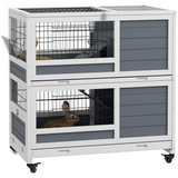 PawHut Two-Tier Indoor Rabbit Hutch with Feeding Trough, Slide-Out Trays and Wheels – White and Grey