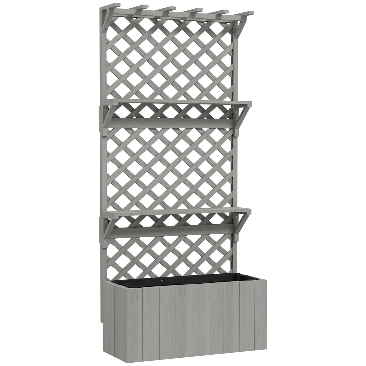 Outsunny 52L Wooden Planter with 146.5cm Trellis and Two Shelves – Raised Garden Bed for Climbers, Grey