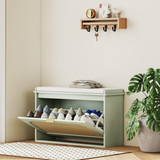 Shoe Storage Bench with Rattan-Accent Flip Drawer & Padded Cushion – Hallway Cabinet for 8 Pairs, Light Green