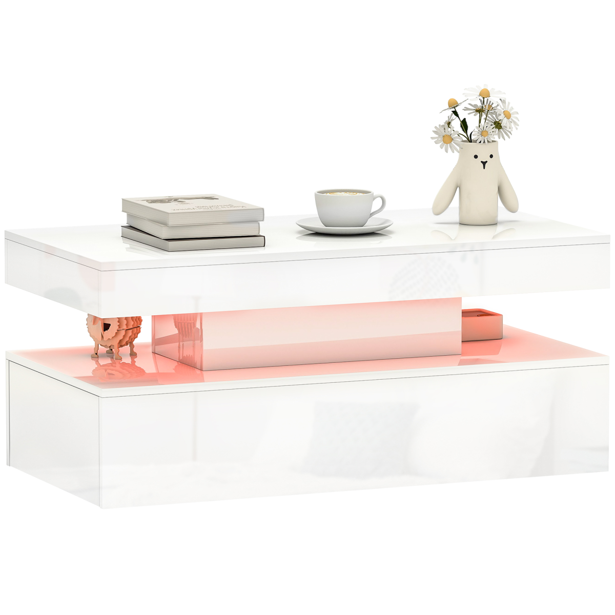 HOMCOM LED Coffee Table with Storage Drawers & Open Shelf, Remote Control – High Gloss Living Room Table, White