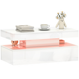 HOMCOM LED Coffee Table with Storage Drawers & Open Shelf, Remote Control – High Gloss Living Room Table, White