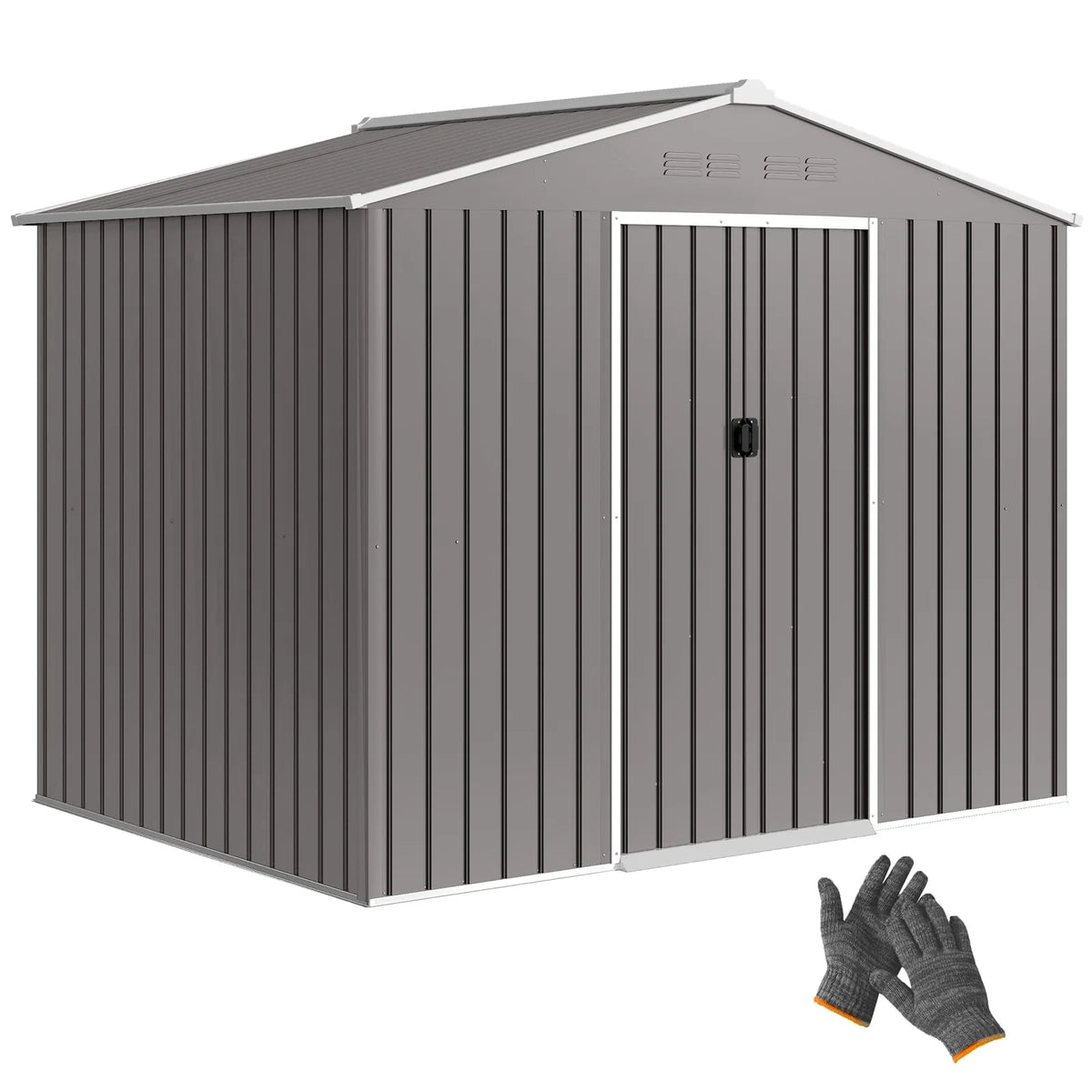 Outsunny 8 x 6ft Galvanised Steel Garden Shed with Sliding Double Doors, Light Grey