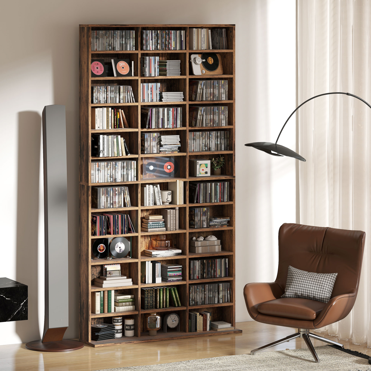Tall Bookcase with 36 Cubes & 11 Adjustable Shelves for CDs and DVDs – Storage Cabinet, Rustic Brown