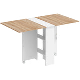 HOMCOM Folding Drop Leaf Dining Table with 2-Tier Shelves and Lockable Wheels – Space-Saving Table for 4, White and Natural